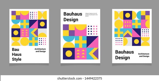 Set of abstract geometric minimal vector posters in neo-memphis/ bauhaus/ vaporwave style. Collection of retrofuturistic covers for club party, music concert. 