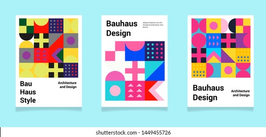 Set of abstract geometric minimal vector posters in neo-memphis/ bauhaus/ vaporwave style. Collection of retrofuturistic covers for club party, music concert. 