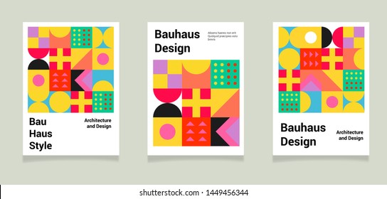 Set of abstract geometric minimal vector posters in neo-memphis/ bauhaus/ vaporwave style. Collection of retrofuturistic covers for club party, music concert. 