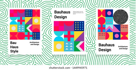 Set of abstract geometric minimal vector posters in neo-memphis/ bauhaus/ vaporwave style. Collection of retrofuturistic covers for club party, music concert. 