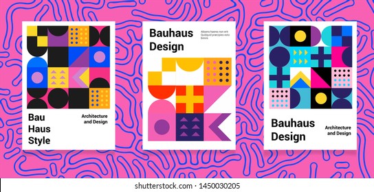 Set of abstract geometric minimal vector posters in neo-memphis/ bauhaus/ vaporwave style. Collection of retrofuturistic covers for club party, music concert, bar promo.