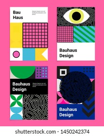 Set of abstract geometric minimal vector posters in neo-memphis/ bauhaus/ vaporwave style. Collection of retrofuturistic covers for club party, music concert, bar promo.
