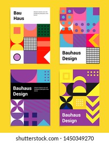 Set of abstract geometric minimal vector posters in neo-memphis/ bauhaus/ vaporwave style. Collection of retrofuturistic covers for club party, music concert, bar promo.