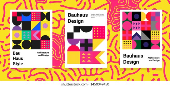 Set of abstract geometric minimal vector posters in neo-memphis/ bauhaus/ vaporwave style. Collection of retrofuturistic covers for club party, music concert, bar promo.