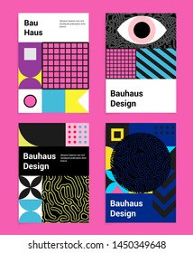 Set of abstract geometric minimal vector posters in neo-memphis/ bauhaus/ vaporwave style. Collection of retrofuturistic covers for club party, music concert, bar promo.