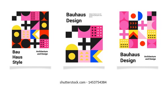 Set of abstract geometric minimal vector posters in neo-memphis/ bauhaus/ vaporwave style. Collection of retrofuturistic covers for summer party, music concert, club promo.