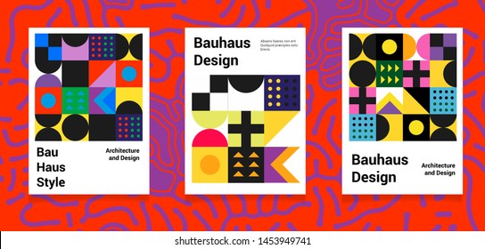 Set of abstract geometric minimal vector posters in neo-memphis/ bauhaus/ vaporwave style. Collection of retrofuturistic covers for summer party, music concert, club promo.