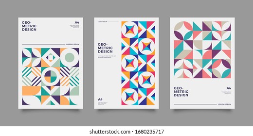 Set of abstract geometric minimal vector posters in neo-memphis/ bauhaus/ vaporwave style. Collection of retro futuristic covers for club party, music concert.