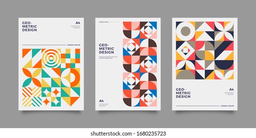 Set of abstract geometric minimal vector posters in neo-memphis/ bauhaus/ vaporwave style. Collection of retro futuristic covers for club party, music concert.