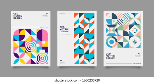 Set of abstract geometric minimal vector posters in neo-memphis/ bauhaus/ vaporwave style. Collection of retro futuristic covers for club party, music concert.