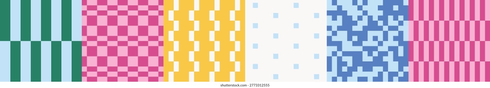 Set of abstract geometric modern seamless multicolored checkered, striped and pixel patterns on colored background; pink, blue, yellow and green color; simple vector illustration in a flat style