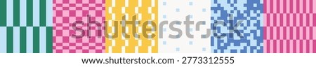 Set of abstract geometric modern seamless multicolored checkered, striped and pixel patterns on colored background; pink, blue, yellow and green color; simple vector illustration in a flat style
