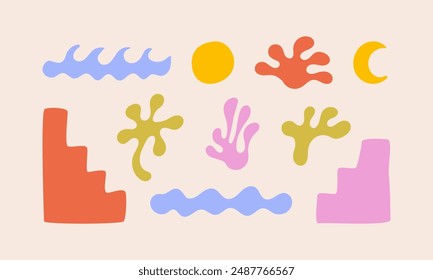 Set of abstract geometric and organic shapes. Vector flat illustration in modern boho style. Matisse inspired cliparts. Contemporary art design templates