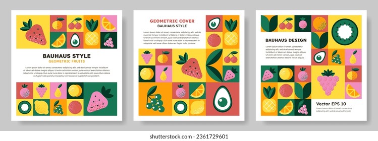 Set of Abstract geometric pattern background in Bauhaus style with various fruits and berries. Colorful vector design template for cover, poster, brochure, banner, menu. Retro illustration. 