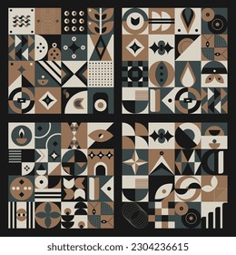 Set abstract geometric pattern design in retro style. Vector illustration.