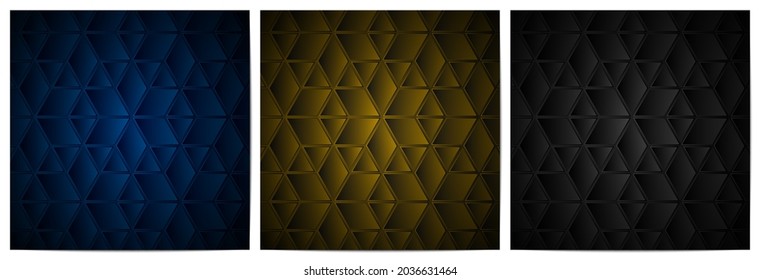  Conjunto de patrones geométricos abstractos con forma poligonal elegante de fondo azul, dorado y negro 