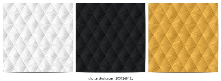  Conjunto de patrones geométricos abstractos con forma poligonal elegante de fondo blanco, negro y dorado  