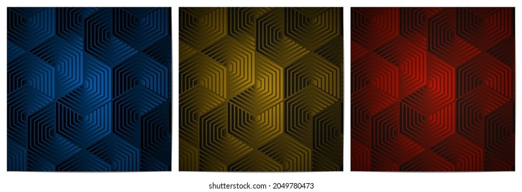 Set of abstract geometric pattern polygonal shape overlapping dark background with blue,gold and red  
