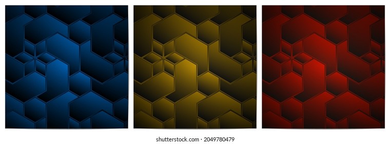 Set of abstract geometric pattern polygonal shape. Luxury of blue, gold and red dark background