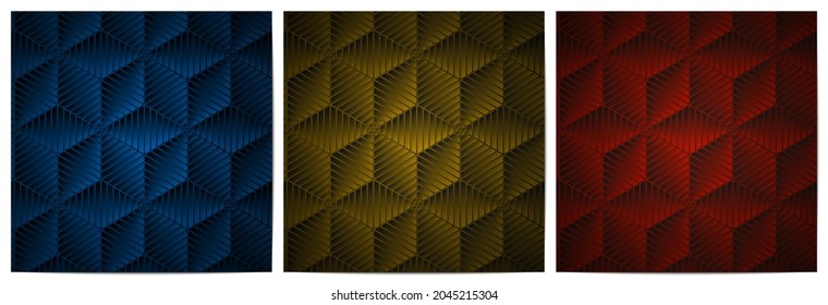  Set of abstract geometric pattern stripes lines with polygonal shape dark background of blue,gold and red  