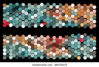 Set of an abstract geometric patterns consisting of multicolored hexagons. Suitable for use as a background for the header of a website