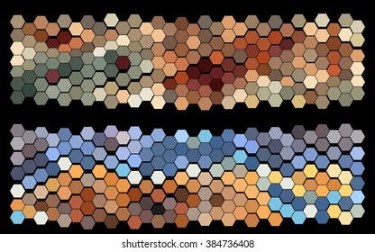 Set of an abstract geometric patterns consisting of multicolored hexagons. Suitable for use as a background for the header of a website