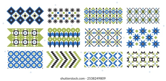 Set of abstract geometric patterns, ethnic mosaic ornaments, vintage folk seamless texture, native motif prints. Decorative endless arranging striped graphic design element vector illustration