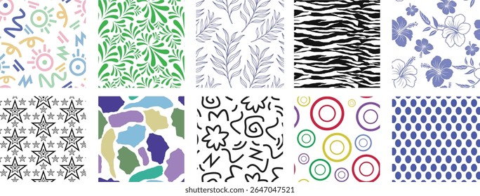 set of abstract geometric patterns on white, Colorful and abstract hand-drawn seamless pattern bundle featuring floral, geometric, animal skin, and doodle elements. Perfect for textiles, backgrounds, 