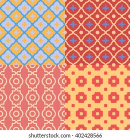 Set of abstract geometric patterns with oriental elements. Vector seamless textures.
