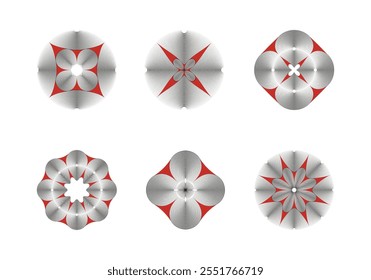 Set of abstract geometric patterns with red accents and concentric lines. vector illustration.