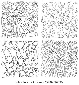 Set of abstract geometric patterns from the skin of African animals. Tiger, giraffe, zebra, jaguar. Patterns square shape. Safari collection. Line art hand drawn isolated on white. Coloring book page