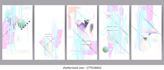 Set of abstract geometric pearlescent foil with paint splatters. Creative universal artistic templates. Good for poster, card, invitation, flyer, cover, banner, placard, brochure and other graphic design