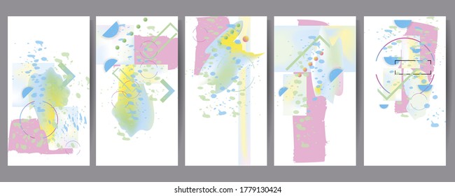 Set of abstract geometric pearlescent foil with paint splatters. Creative universal artistic templates. Good for poster, card, invitation, flyer, cover, banner, placard, brochure and other graphic design