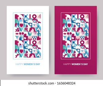 Set of abstract geometric posters for 8 march women`s day celebration with holiday symbols.    backgrounds for brochures, poster design. Vector illustration - Shutterstock ID 1636048324