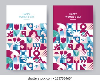 Set of abstract geometric posters for 8 march women`s day celebration with holiday symbols. Seamless  backgrounds for brochures, poster design. Vector illustration