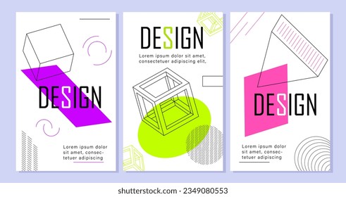 Set von abstrakten geometrischen Plakaten Konzept. Minimalistische Kreativität und Kunst. Farbige geometrische Formen. Flyer, Broschüre und Packungsbeilage. Flache Vektorgrafik einzeln auf grauem Hintergrund