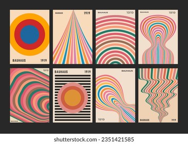 Set Of Abstract Geometric Posters. Cool Bauhaus Rainbow Covers. Optical Illusion Psychedelic Shapes. Colorful Stripes.