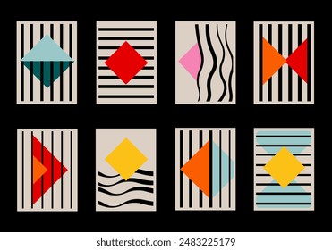 Set of abstract geometric posters in flat cartoon design. In this colorful design illustration, you can find a collection of bright posters on a black background. Vector illustration.