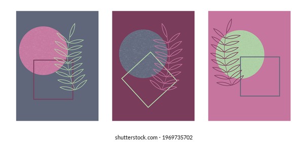 Set of abstract geometric posters. Modern pictures with minimalist shapes for wall decor. Design with leaf and simple figures. Template for banner, social media, brochure, postcard