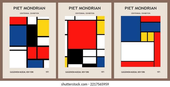 Set of abstract geometric posters. Modern Mondrian  arts with cubes and squares design in bright colors. Vintage exhibition posters, interior decorations, paintings. Vector art illustration.