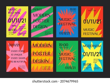 Set Of Abstract Geometric Posters. Music Festival Placards. Postmodern Covers.