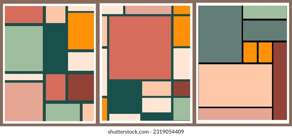 Set of abstract geometric posters. Postmodern arts with cubes and squares design in Mid Century Modern colors. Vintage exhibition posters, interior decorations, paintings. Vector art illustrations