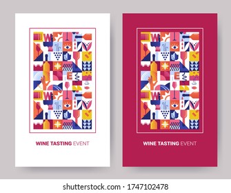 Set of abstract geometric posters for Wine Tasting event. Seamless  backgrounds for brochures, poster design. Vector illustration