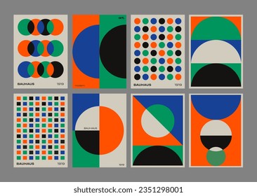 Set Of Abstract Geometric Printable Posters. Cool Bauhaus Minimalist Backgrounds. Retro Covers with Shapes. Swiss Design Pattern.