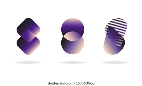 Set of abstract geometric purple circles, rhombuses and other shape shapes with gradients on a white background