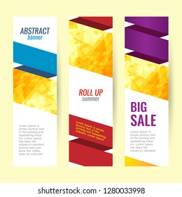 Set Abstract geometric Roll up. Vertical summer web banner. Bright sun rays and triangles. 