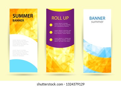 Set Abstract geometric Roll up. Vertical summer web banner. Bright sun rays and triangles. 