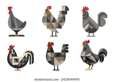 Set of abstract geometric roosters. Muted gray palette. Decorative composition in bauhaus style. Creative vector flat illustration.