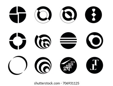 Set abstract geometric round shapes.Black white vector illustration.