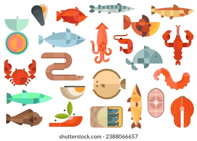 Set abstract geometric seafood in minimal bauhaus style.Tuna, trout, herring, mussel, oyster, crab, lobster, shrimp, fish steak, flounder, eel, tentacle, sardine. Collection vector illustration.